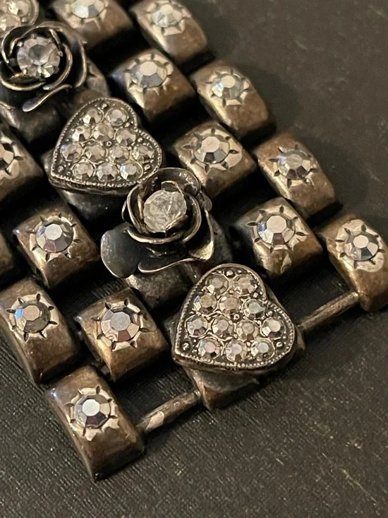 Vintage Rhinestone Heart, Starburst & 3-D Rose Silver Tone Panel Bracelet - Picture 8 of 12